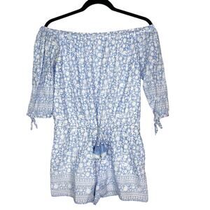Vineyard Vines Small S Blue White Off The Shoulder Otomi Printed Border Romper